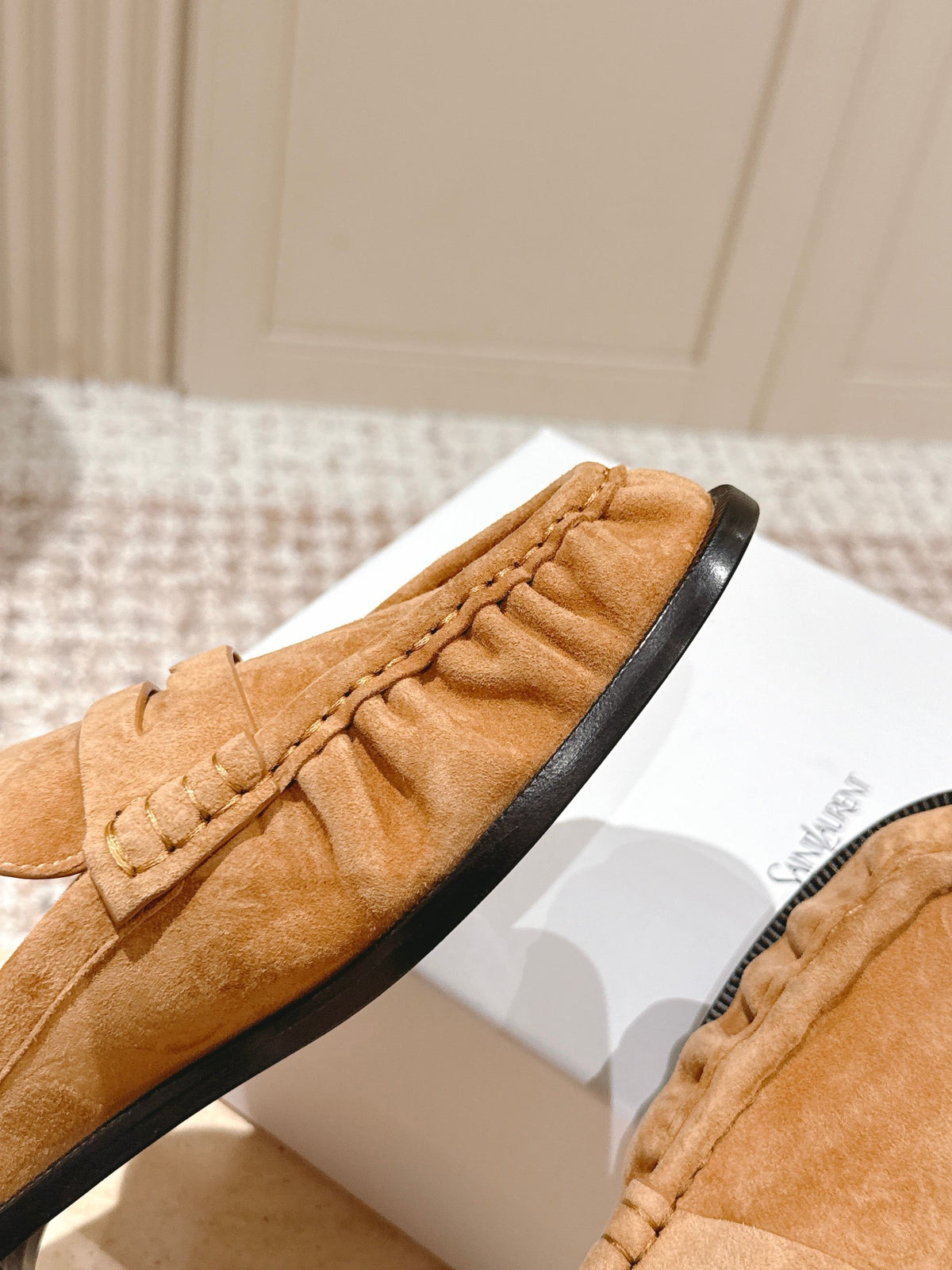 YSL 25S LOAFER MULE IN CARAMEL SUEDE
