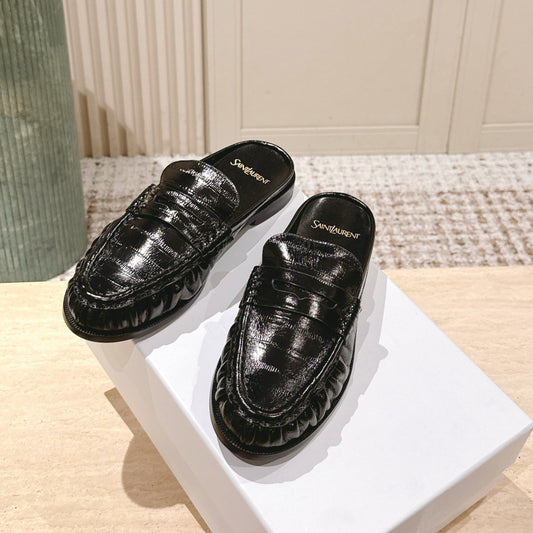 YSL 25S LOAFER MULE IN BLACK GLOSSY CALFSKIN