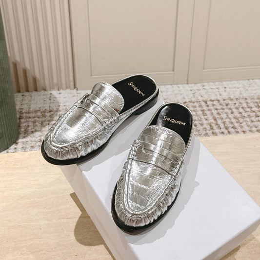 YSL 25S LOAFER MULE IN SILVER CALFSKIN