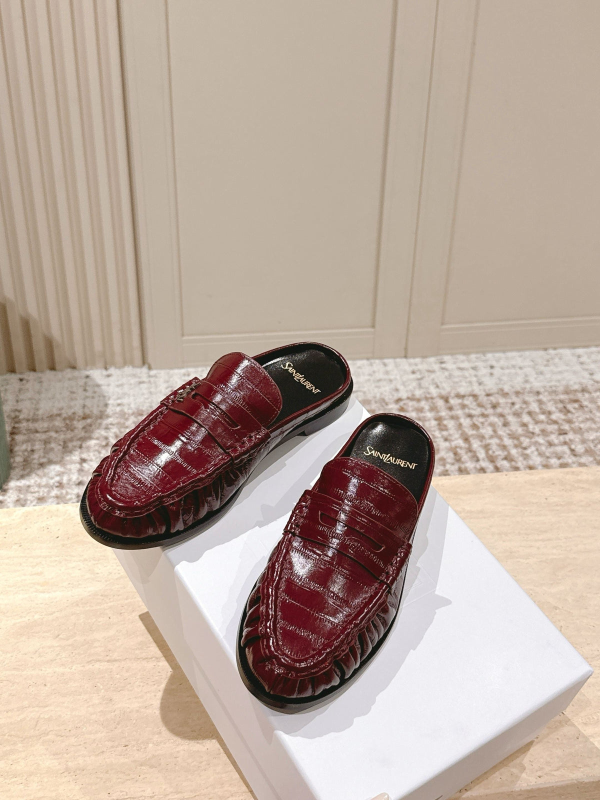 YSL 25S LOAFER MULE IN DARK RED GLOSSY CALFSKIN