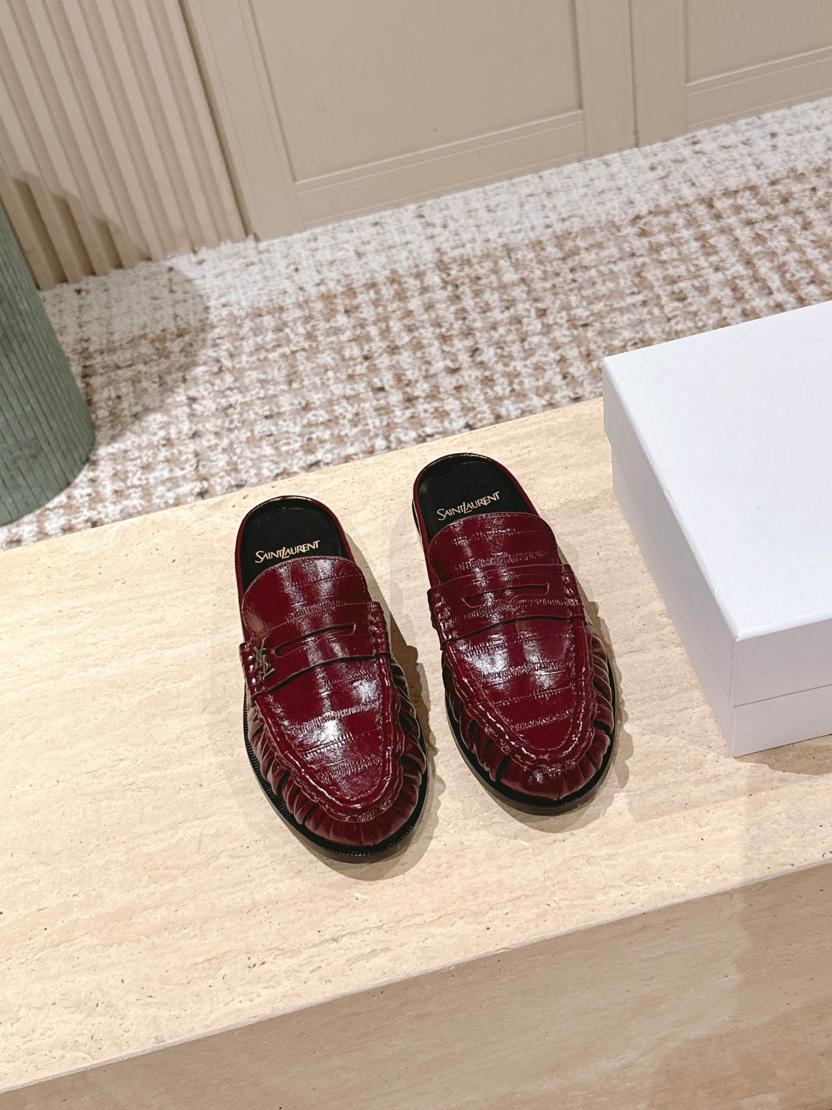 YSL 25S LOAFER MULE IN DARK RED GLOSSY CALFSKIN