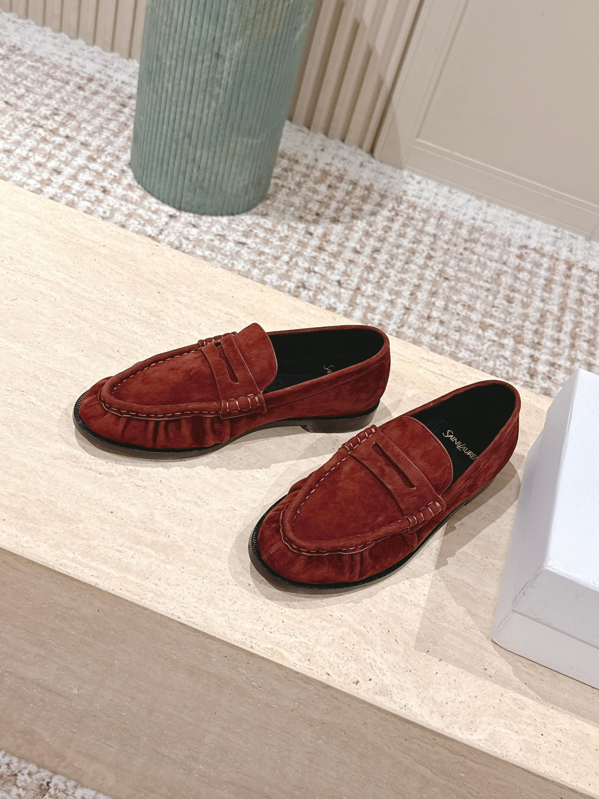YSL 25S SAINT LAURENT LOAFERS IN DARK BRICK RED SUEDE WITH SMALL LOGO