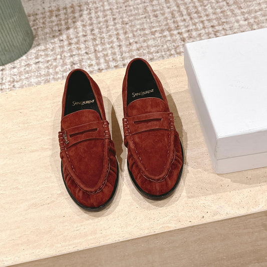 YSL 25S SAINT LAURENT LOAFERS IN DARK BRICK RED SUEDE WITH SMALL LOGO