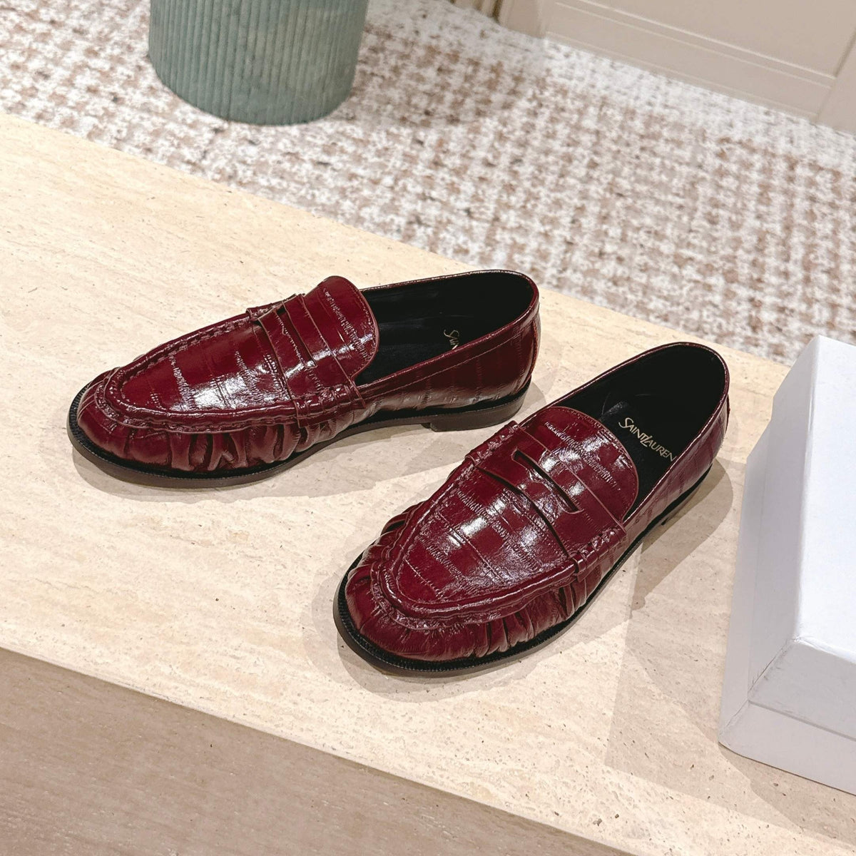 YSL 25S SAINT LAURENT LOAFERS IN DARK RED GLOSSY CALFSKIN WITH SMALL LOGO