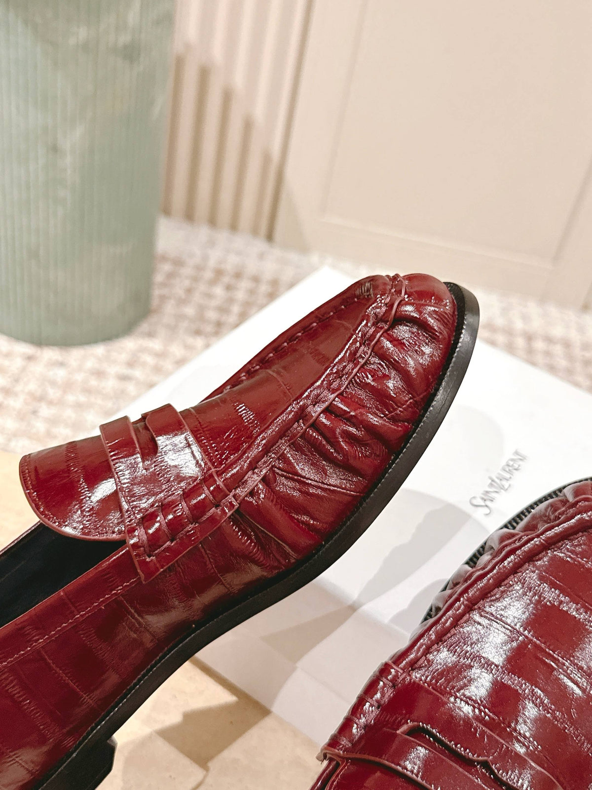 YSL 25S SAINT LAURENT LOAFERS IN DARK RED GLOSSY CALFSKIN WITH SMALL LOGO