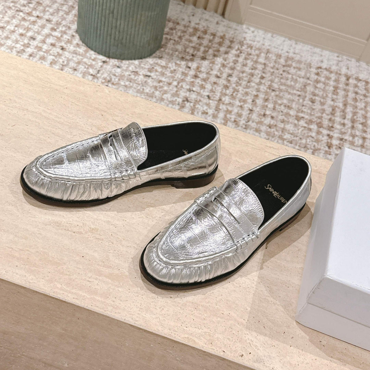 YSL 25S SAINT LAURENT LOAFERS IN SILVER CALFSKIN WITH SMALL LOGO