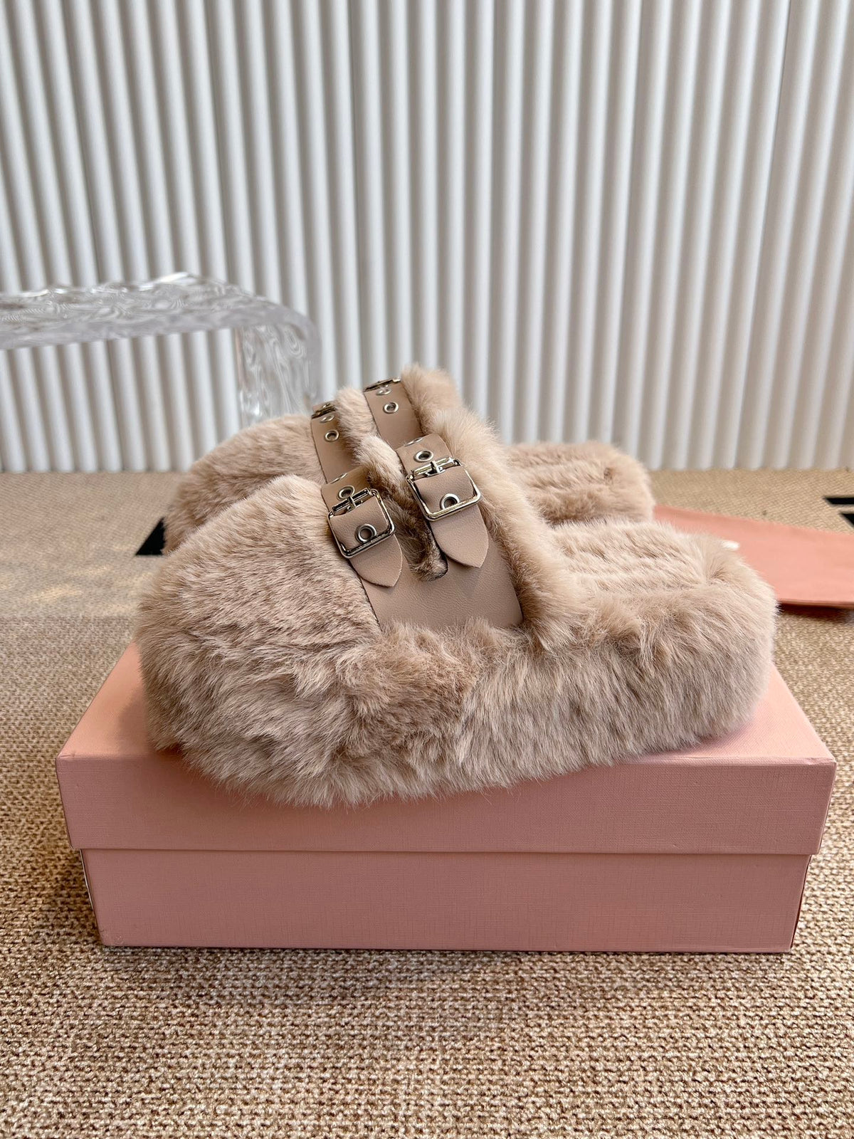 MULES IN BEIGE RABBIT FUR SILVER HARDWARE