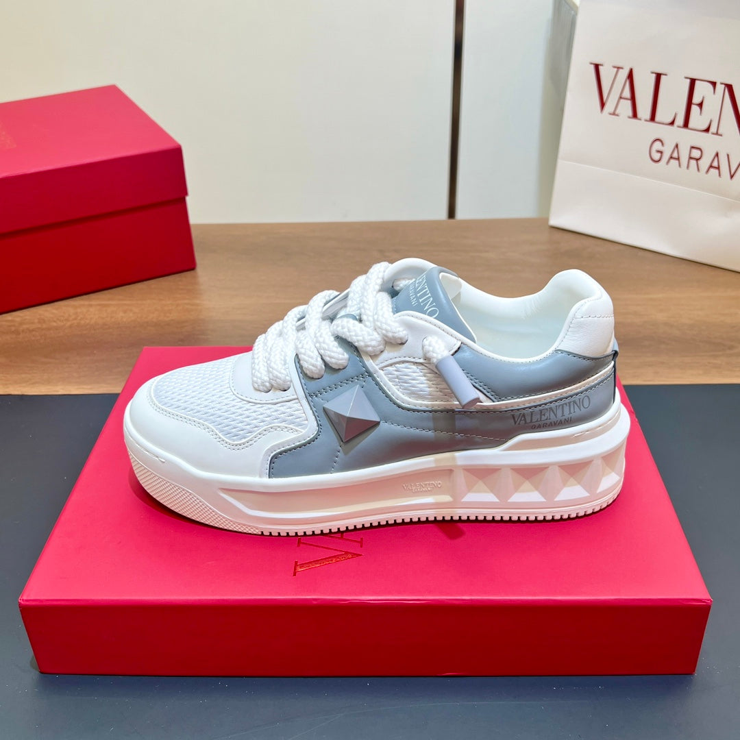 VALENTINO 25S GARAVANI ONE STUD XL PLATFORM SNEAKERS IN WHITE MIX MISTY BLUE LAMBSKIN