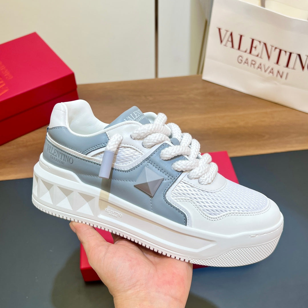 VALENTINO 25S GARAVANI ONE STUD XL PLATFORM SNEAKERS IN WHITE MIX MISTY BLUE LAMBSKIN