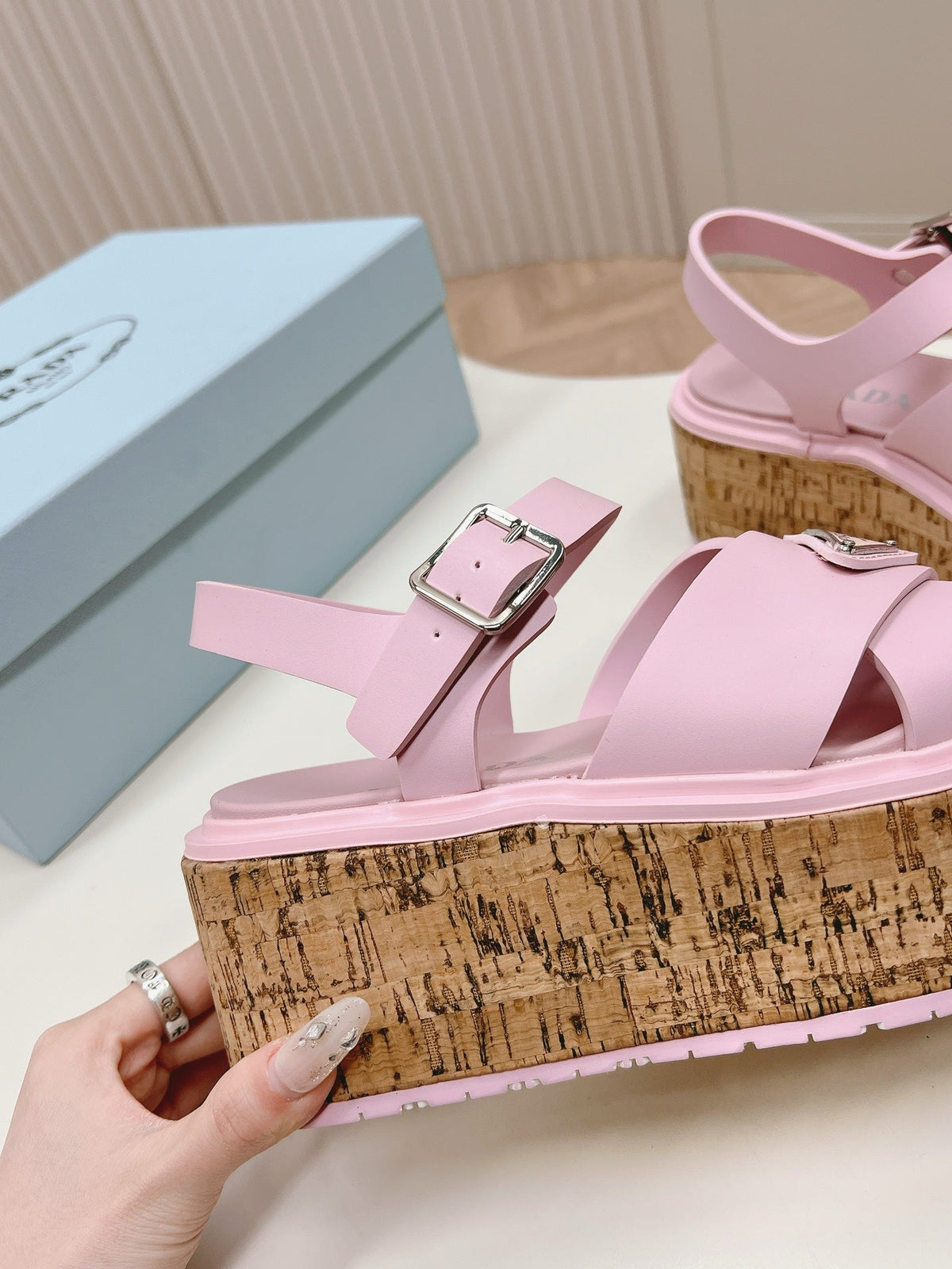 PRA WEDGE PLATFORM SANDALS PASTEL PINK CALFSKIN