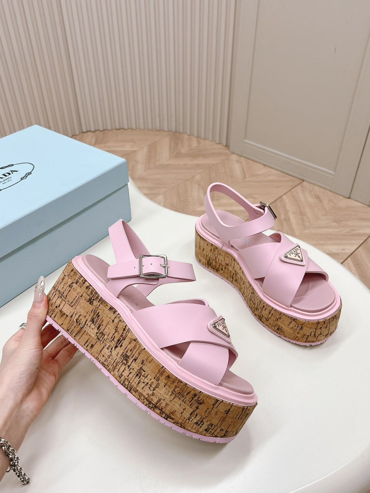 PRA WEDGE PLATFORM SANDALS PASTEL PINK CALFSKIN