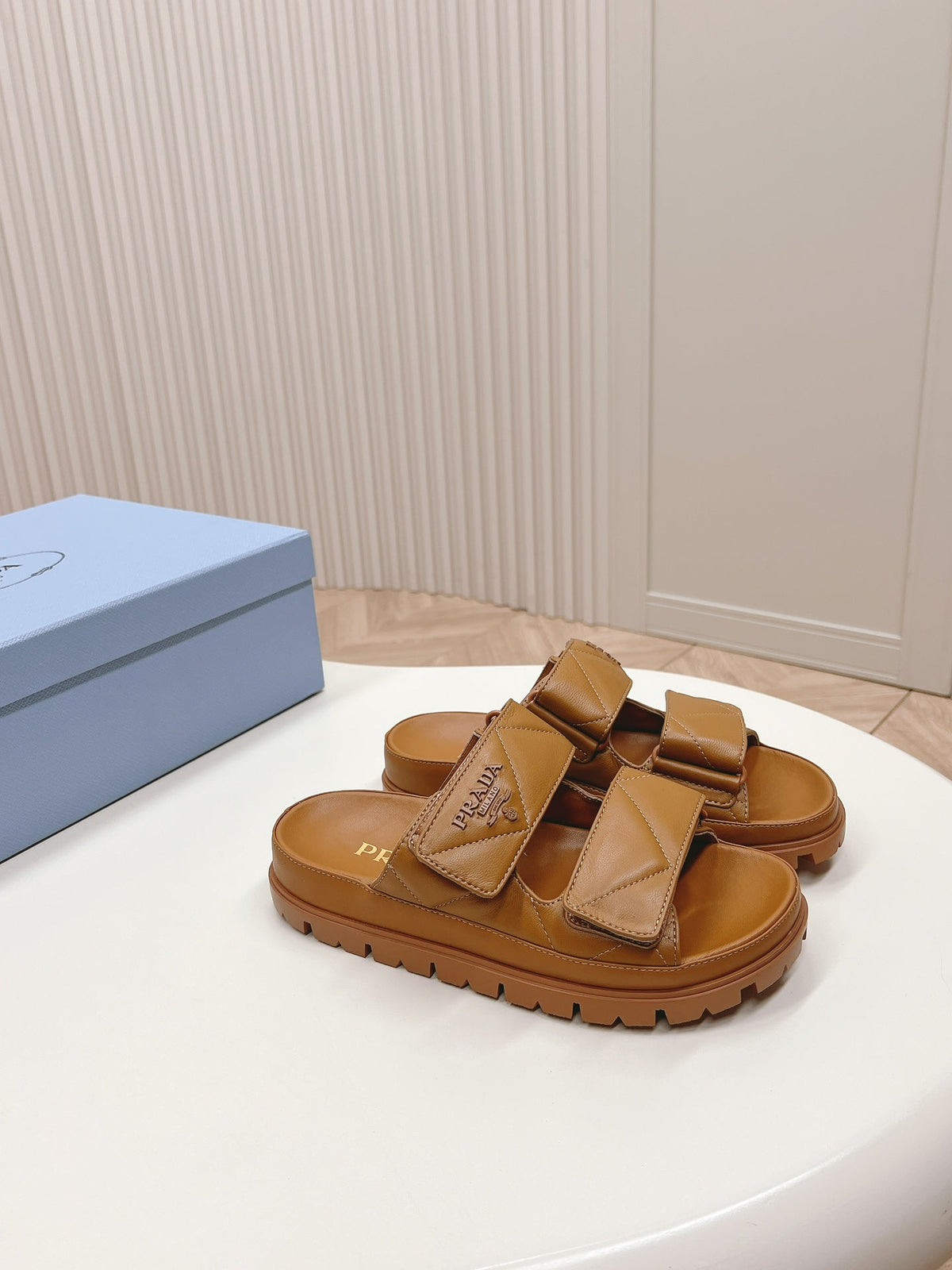 Pra Double Strap Quilted Slide 20 Tan Calfskin