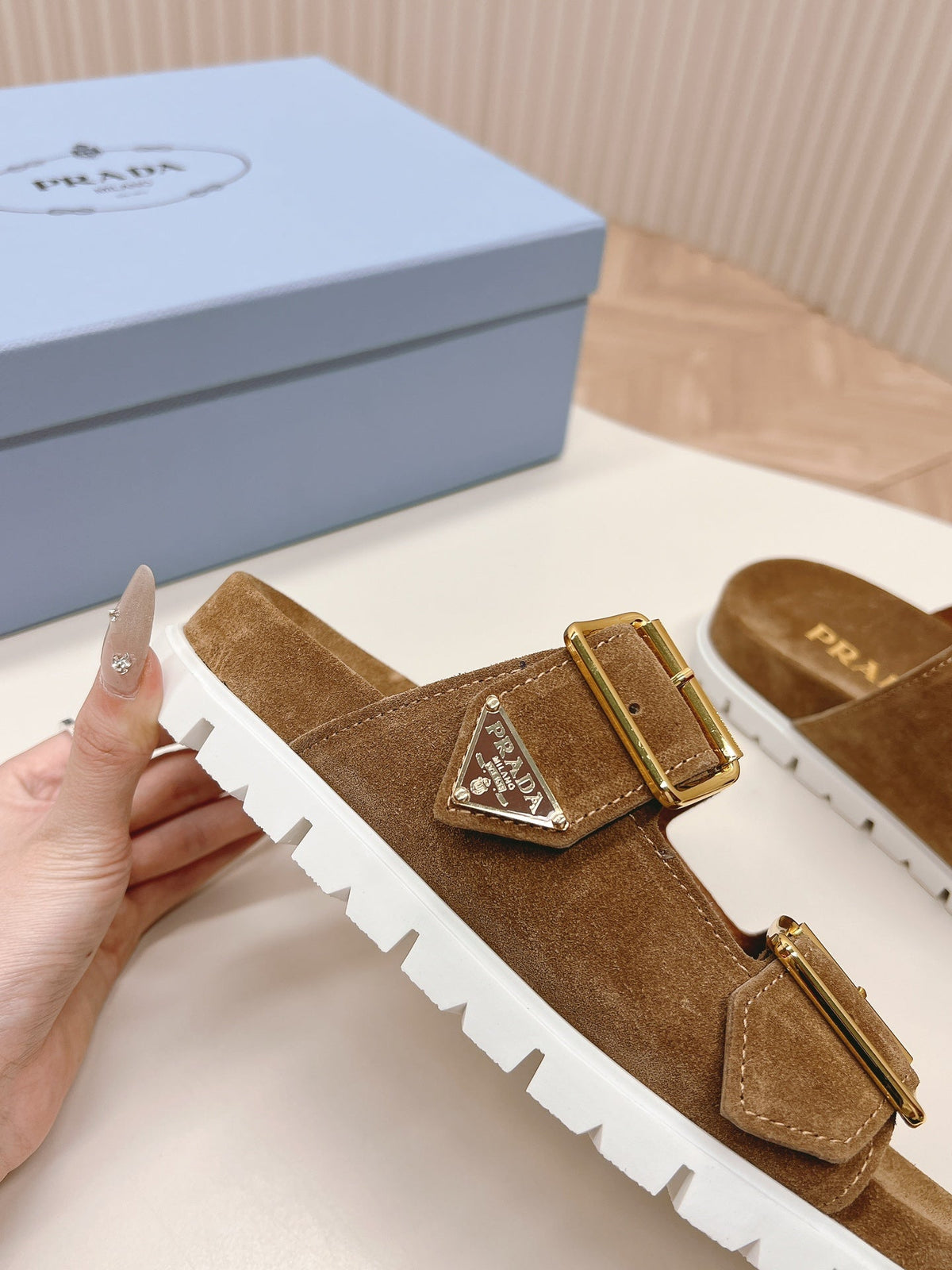 Double Buckle Strap Slides 20 Brown Suede