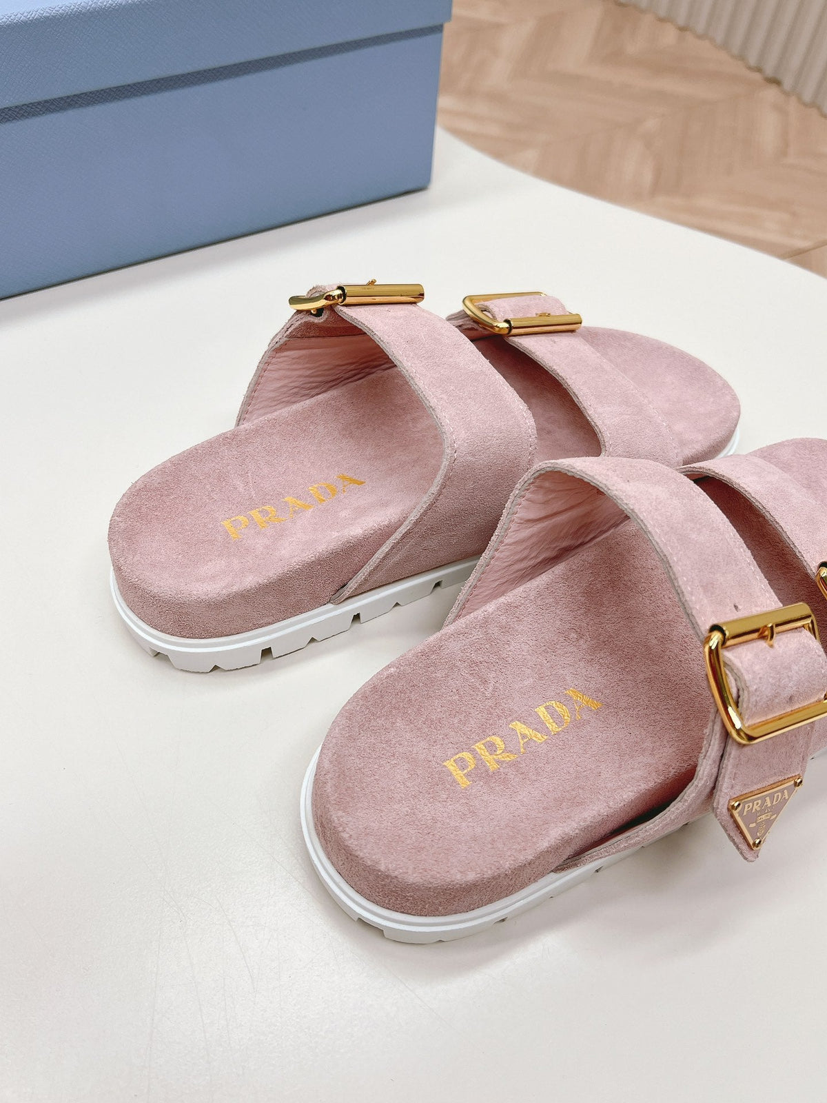 Double Buckle Strap Slides 20 Pink Suede