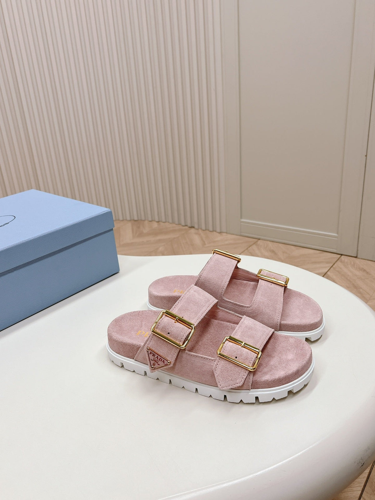 Double Buckle Strap Slides 20 Pink Suede