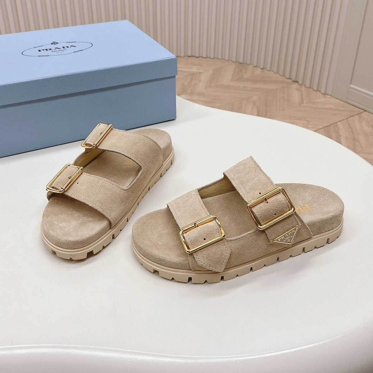 Double Buckle Strap Slides 20 Light Brown Suede