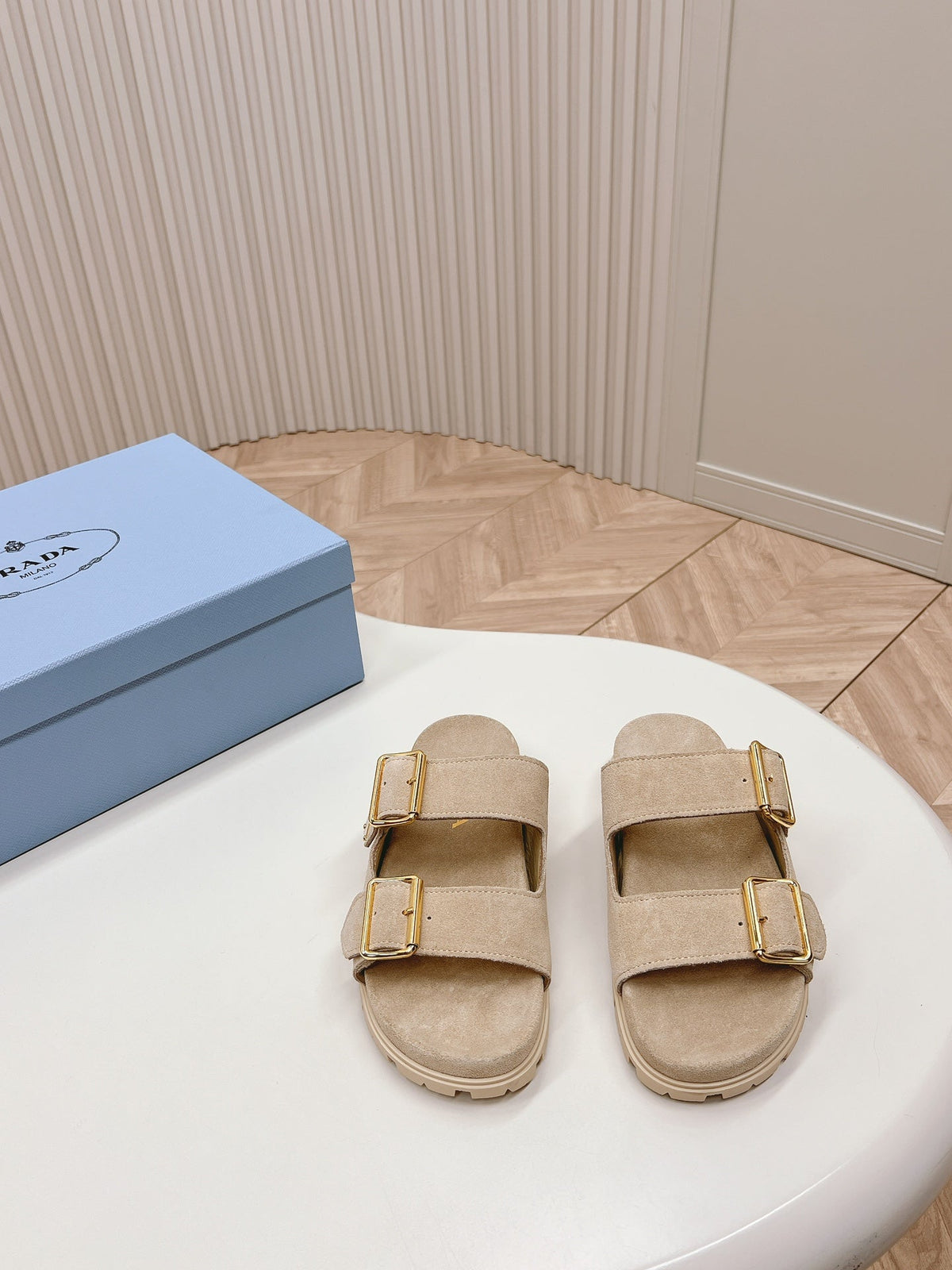 Double Buckle Strap Slides 20 Light Brown Suede