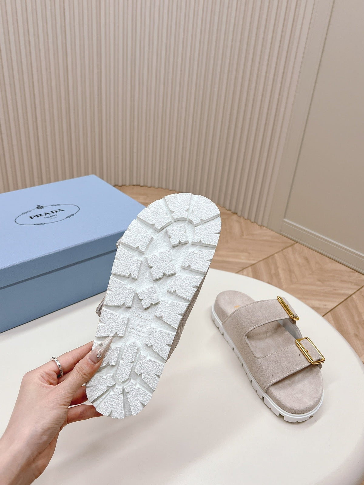 Double Buckle Strap Slides 20 Light Grey Suede