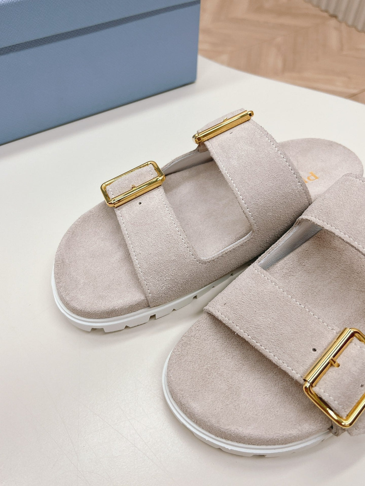 Double Buckle Strap Slides 20 Light Grey Suede