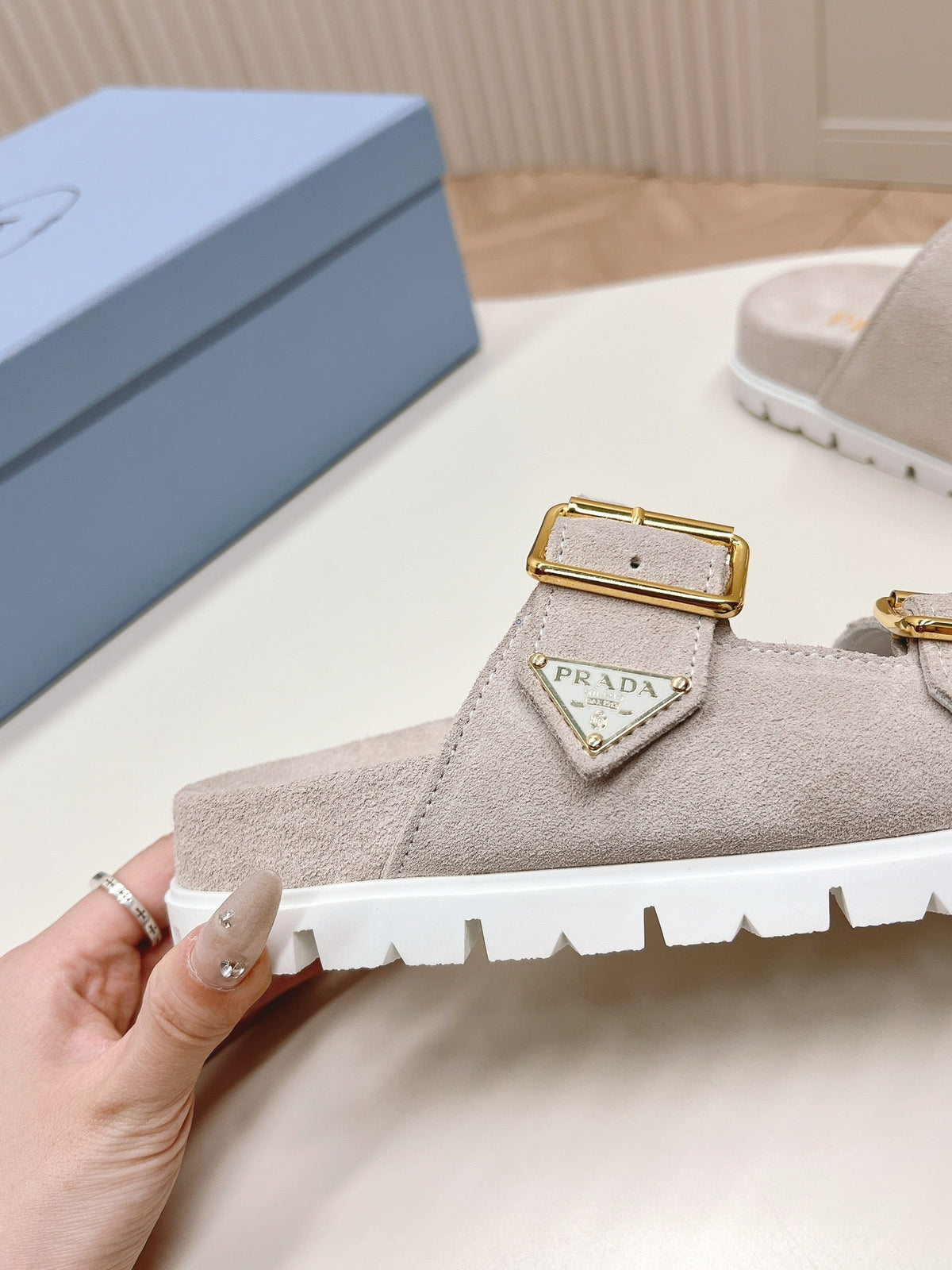 Double Buckle Strap Slides 20 Light Grey Suede