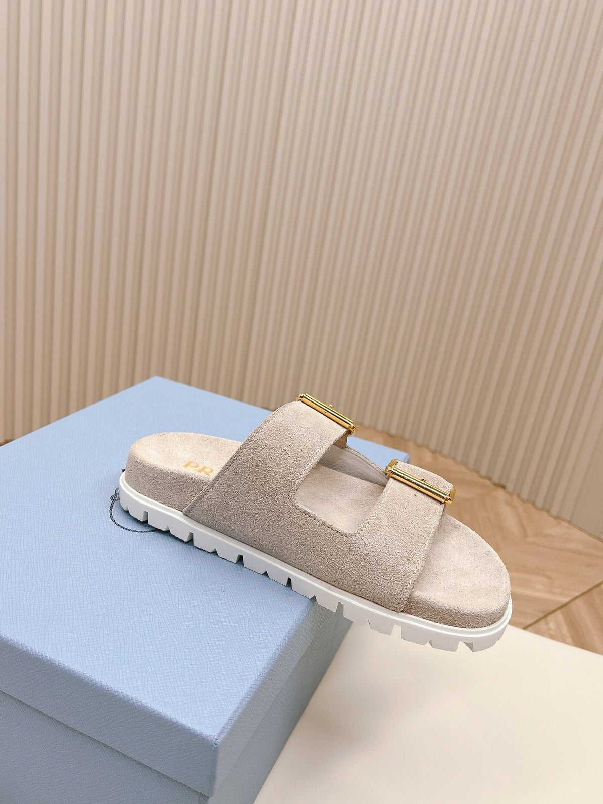Double Buckle Strap Slides 20 Light Grey Suede