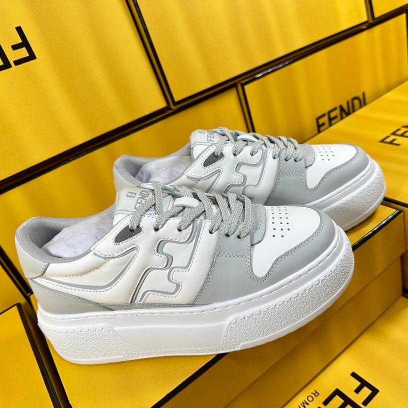 FENDI THICK-SOLDED SNEAKER IN WHITE MIX GREY LAMBSKIN