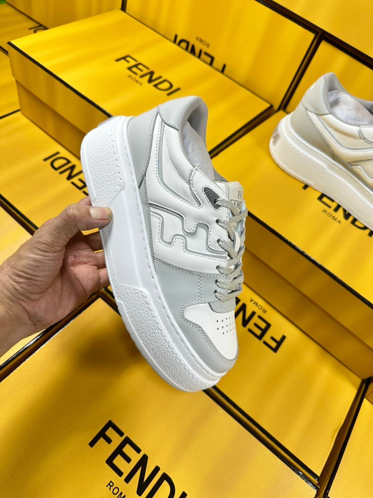 FENDI THICK-SOLDED SNEAKER IN WHITE MIX GREY LAMBSKIN