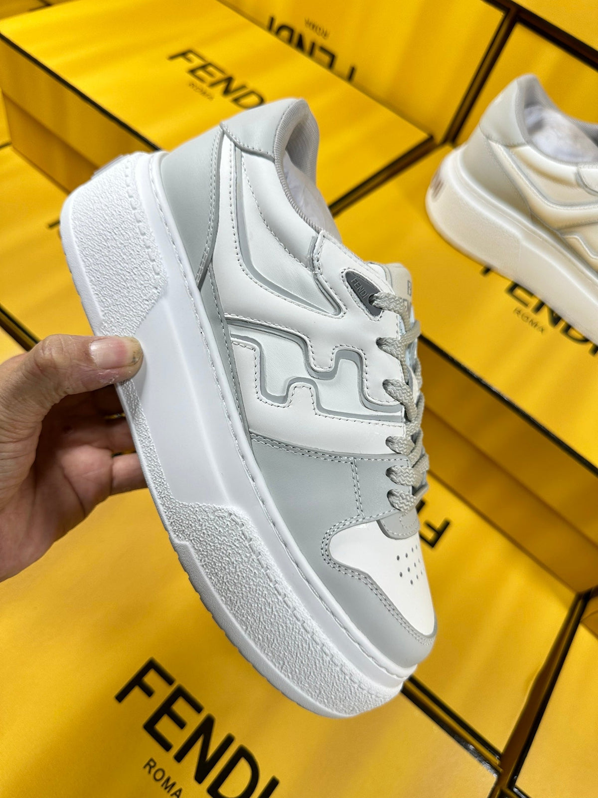 FENDI THICK-SOLDED SNEAKER IN WHITE MIX GREY LAMBSKIN