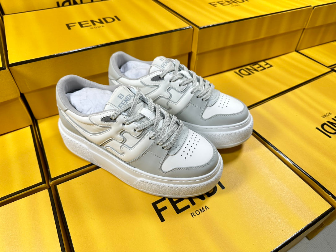FENDI THICK-SOLDED SNEAKER IN WHITE MIX GREY LAMBSKIN