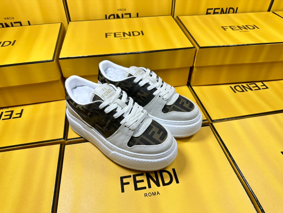 FENDI THICK-SOLDED SNEAKER IN WHITE SUEDE AND BROWN MONOGRAM FABRIC