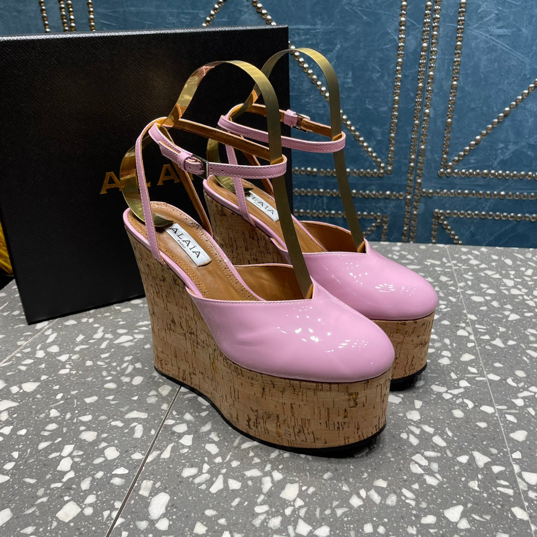 ALAIA WEDGE PUMP 15 CM IN NEON PINK LAMBSKIN AND BEIGE RUBBER