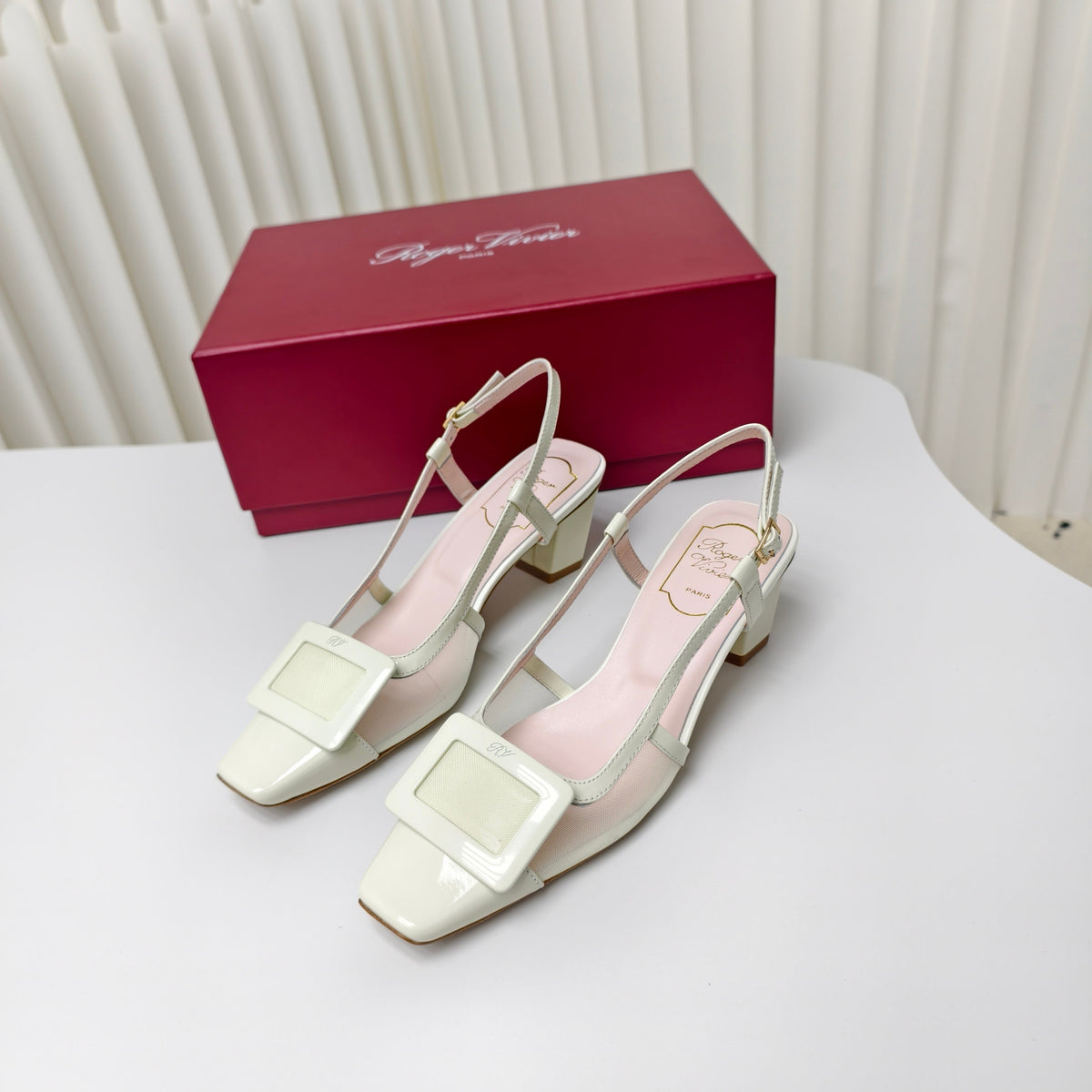 ROGER VIVIER 25S BELLE VIVIER SLINGBACK PUMPS 45MM IN LIGHT SAGE MESH FABRIC