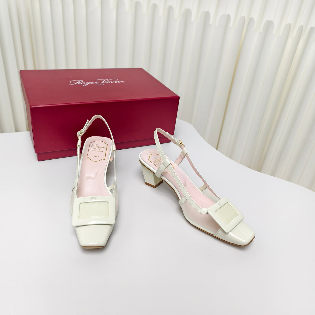 ROGER VIVIER 25S BELLE VIVIER SLINGBACK PUMPS 45MM IN LIGHT SAGE MESH FABRIC