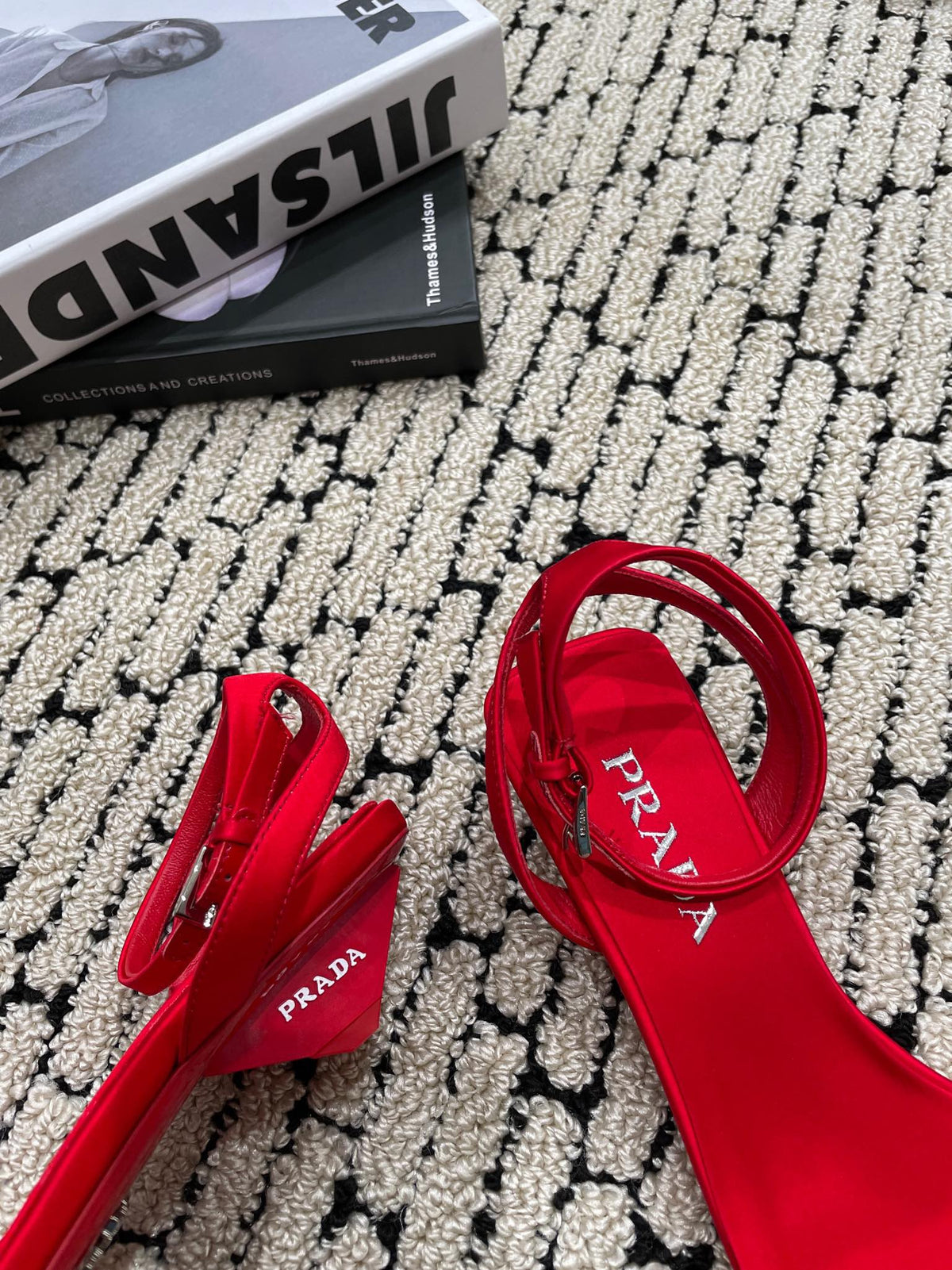 PRA TRIANGLE HEEL SATIN SANDALS CRIMSON