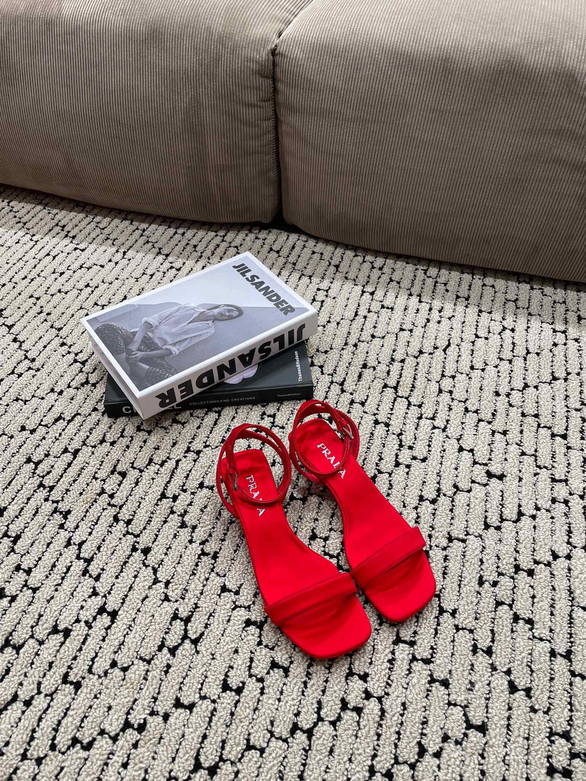 PRA TRIANGLE HEEL SATIN SANDALS CRIMSON