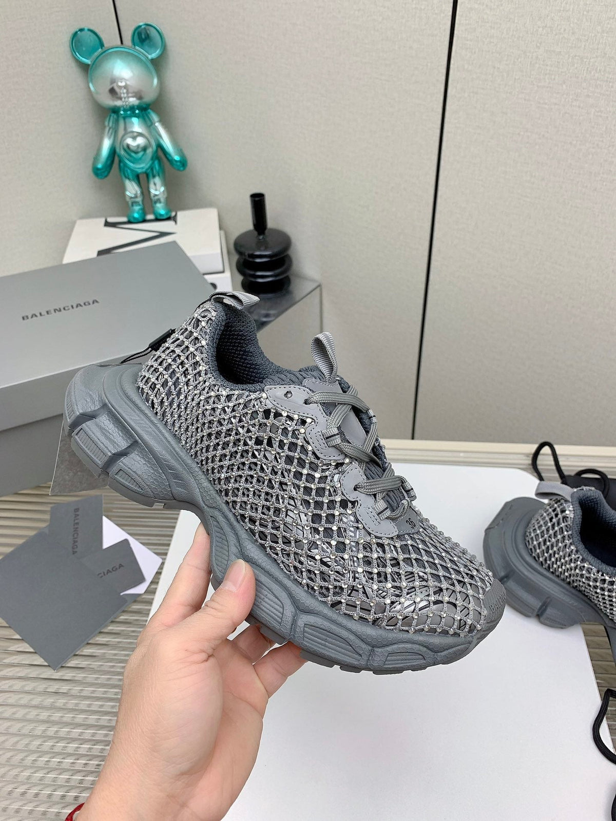 XL FISHNET SNEAKER IN GRAY MESH, POLYURETHANE, POLYESTER WITH RHINESTONES