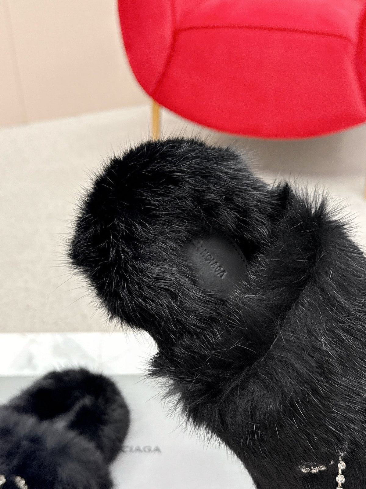 BALENCIAGA 25S SOFT FUR SLIPPERS IN BLACK FUR WITH RHINESTONE BOW