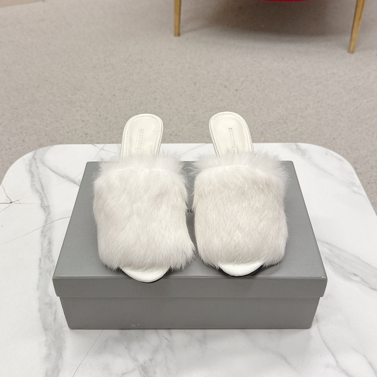 BALENCIAGA 25S HIGH HEEL SANDALS 65 MM IN WHITE LAMBSKIN AND FUR