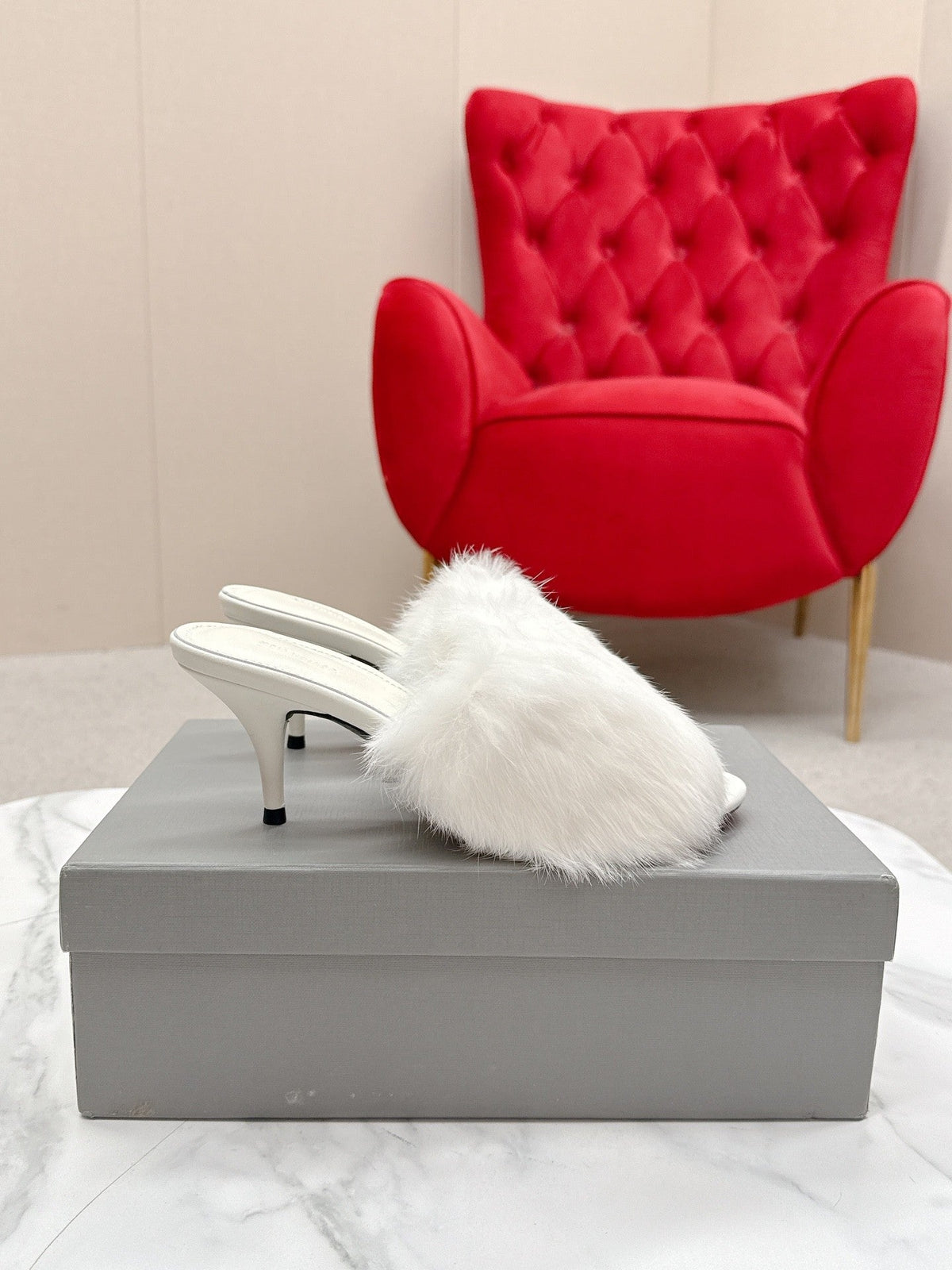 BALENCIAGA 25S HIGH HEEL SANDALS 65 MM IN WHITE LAMBSKIN AND FUR