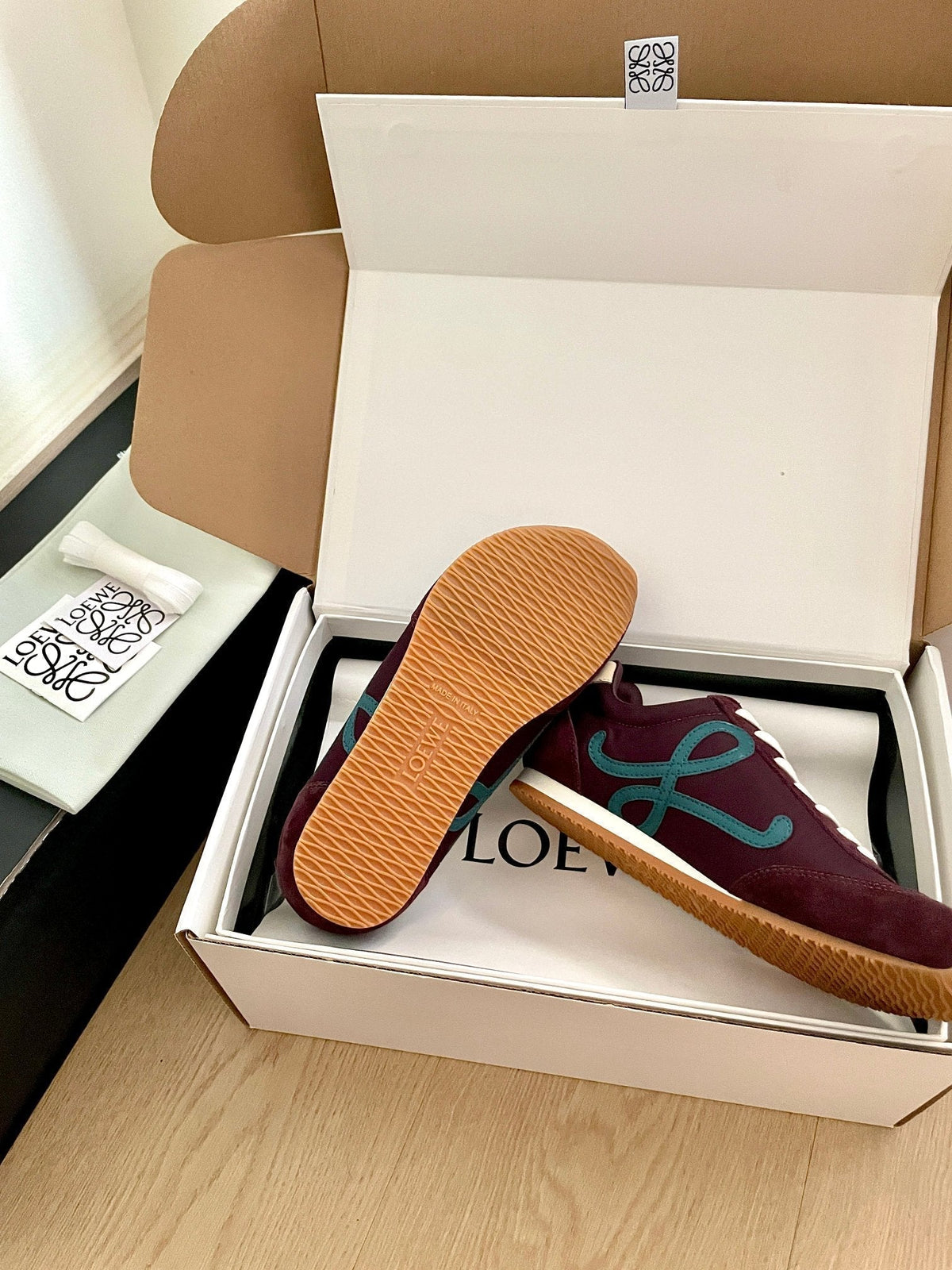 LOEWE 26S BALLET RUNNER 2.0 IN WINE RED SUEDE AND NYLON