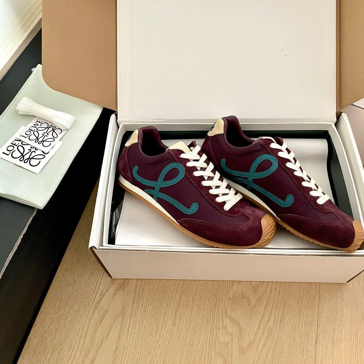 LOEWE 26S BALLET RUNNER 2.0 IN WINE RED SUEDE AND NYLON