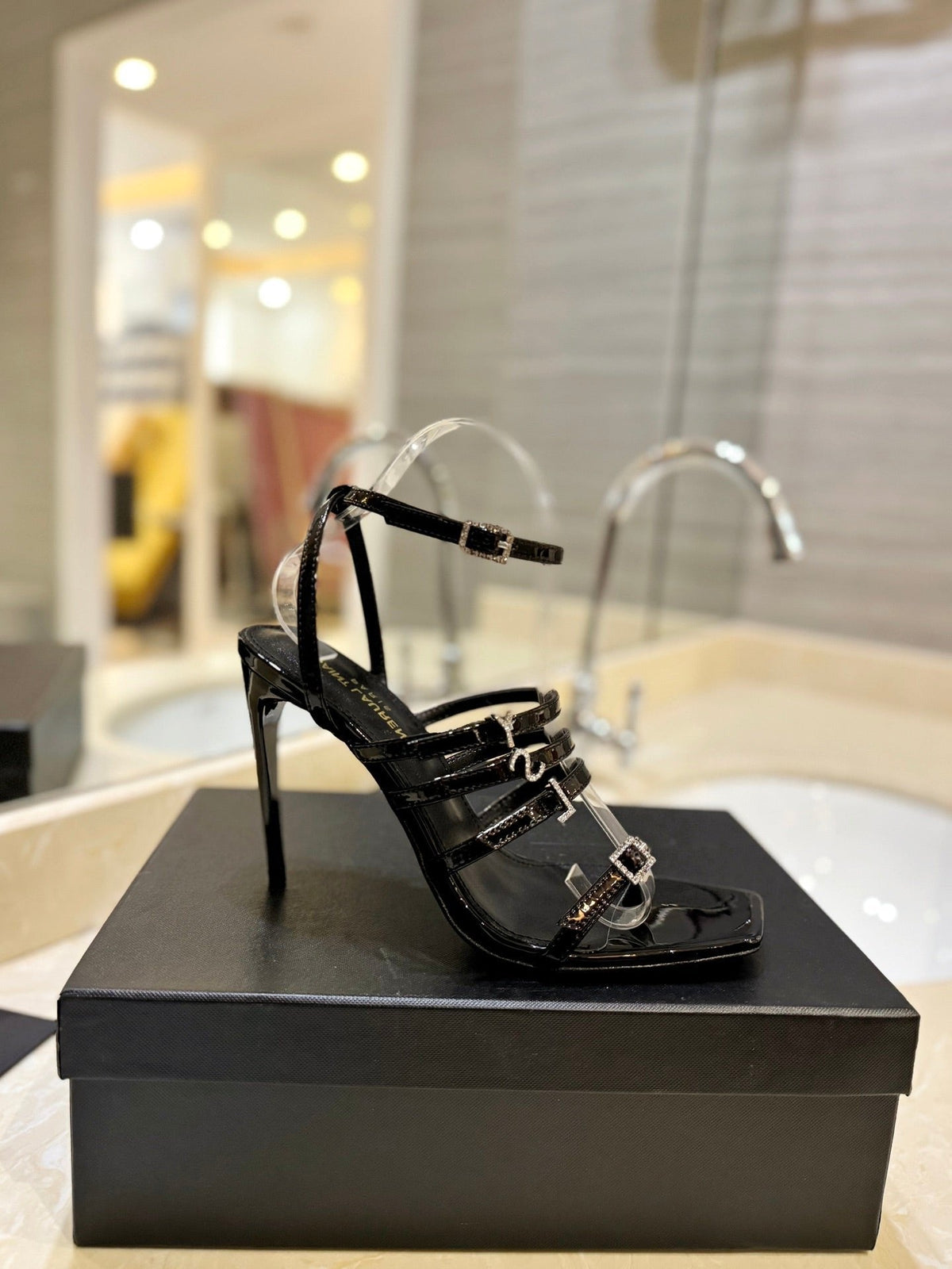 SL JERRY HEELED SANDALS BLACK POLISHED CALFSKIN