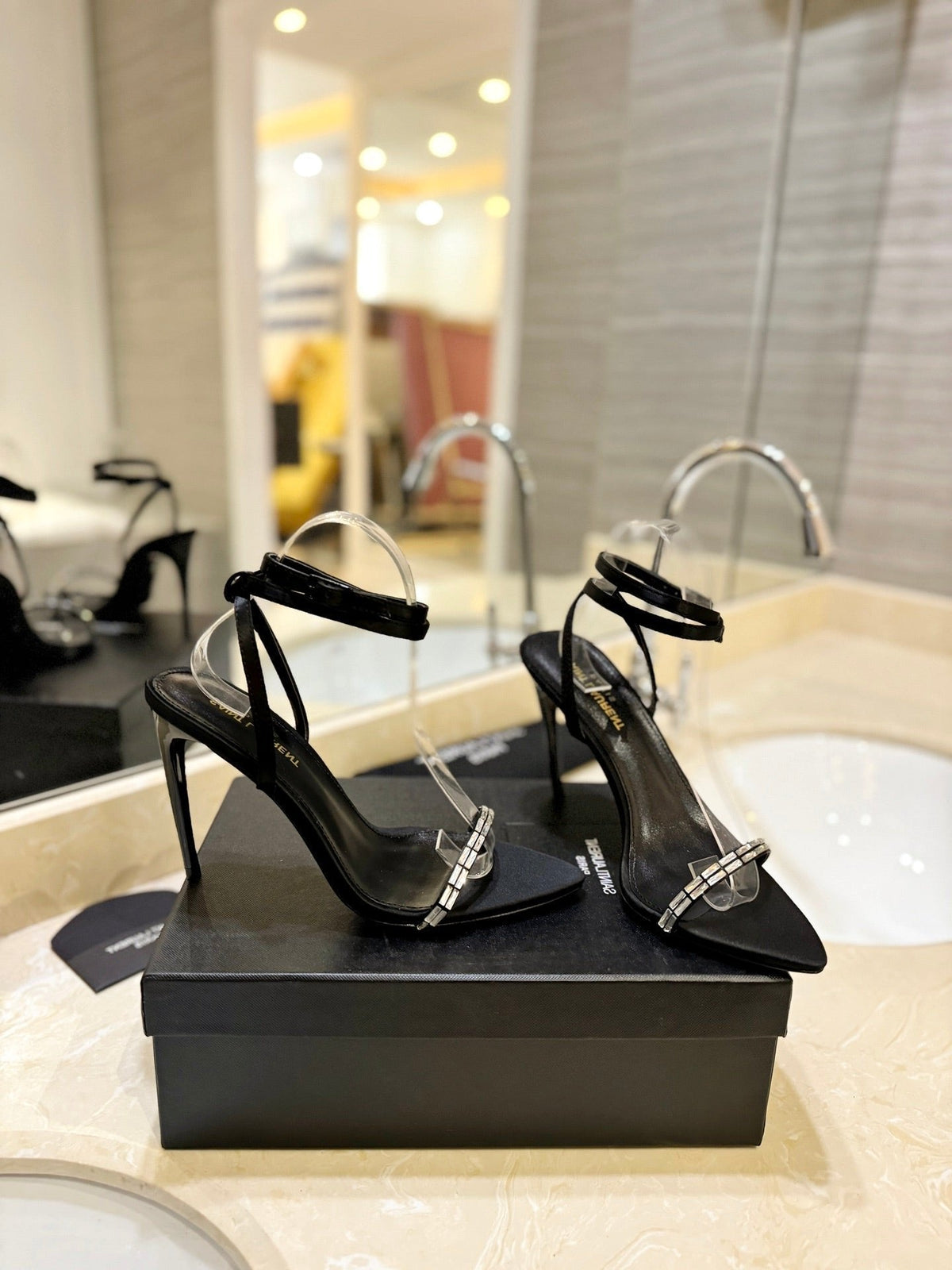 SL RHINESTONE HEELED SANDALS BLACK SATIN