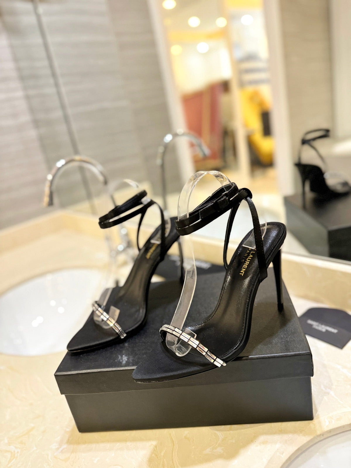 SL RHINESTONE HEELED SANDALS BLACK SATIN