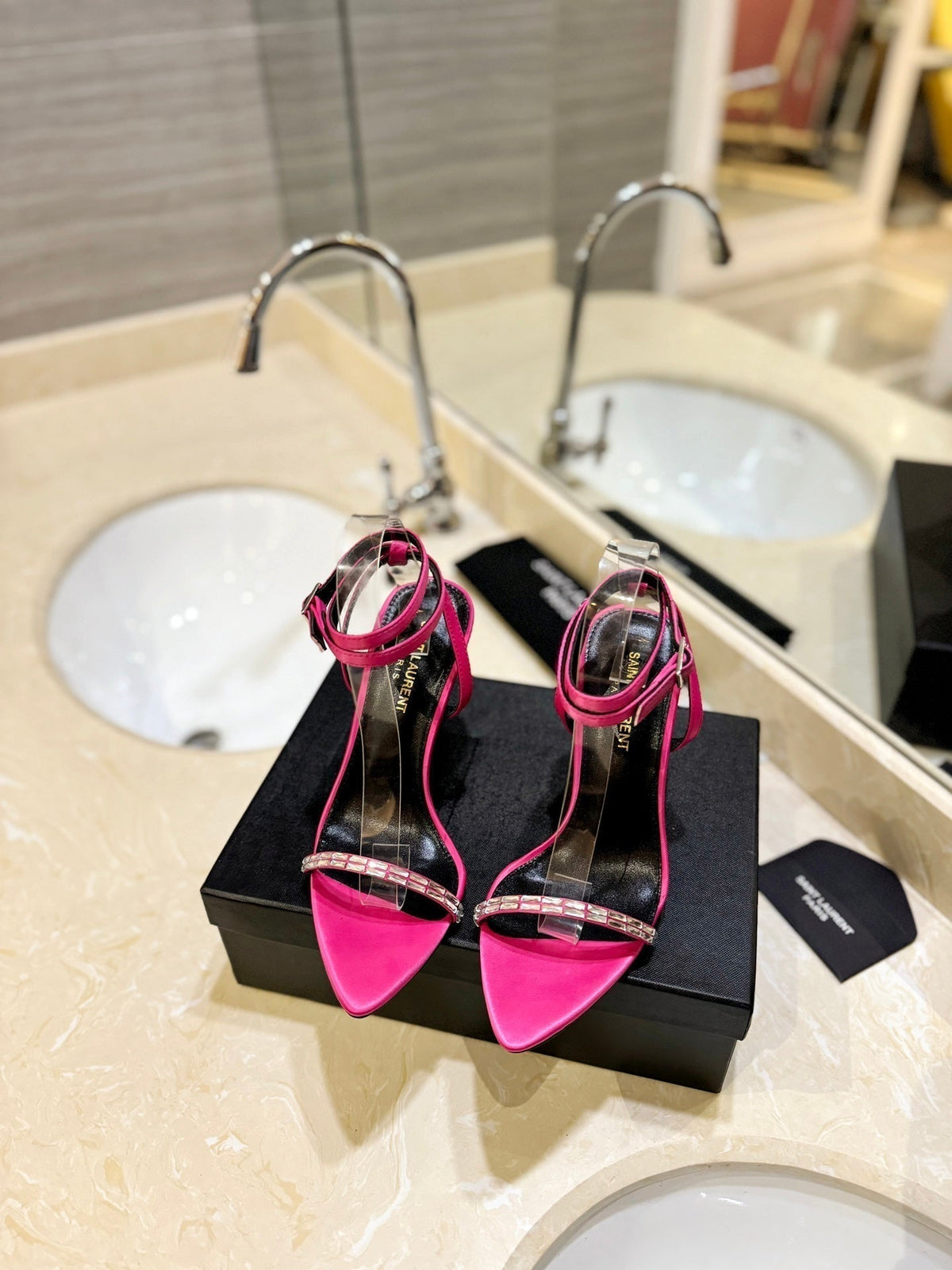 SL RHINESTONE HEELED SANDALS BRIGHT PINK SATIN