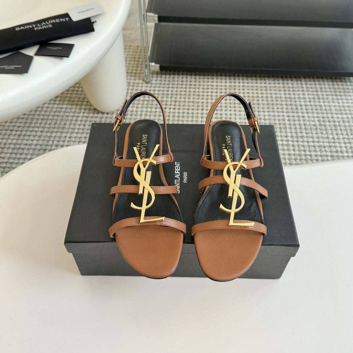 Yves SL Buckle Women Sandals Black Tan Leather