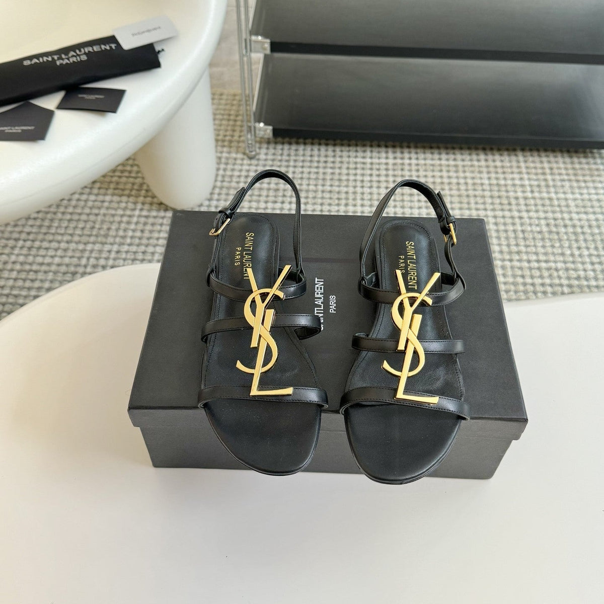 Yves SL Buckle Women Sandals Black Leather
