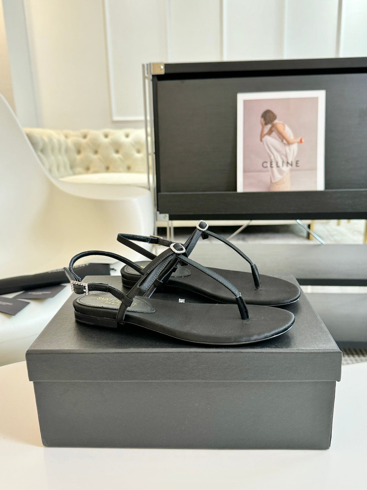 SL Silk Bow T-Strap Flat Sandals Black Leather