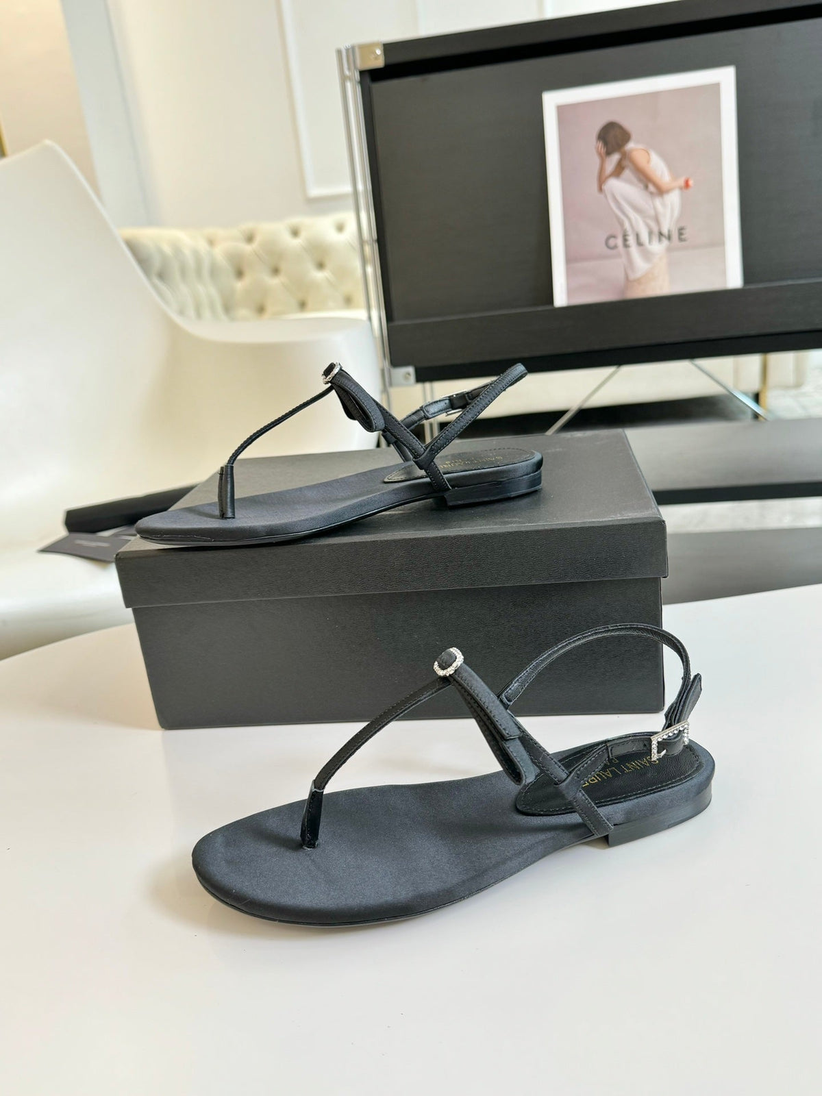 SL Silk Bow T-Strap Flat Sandals Black Leather