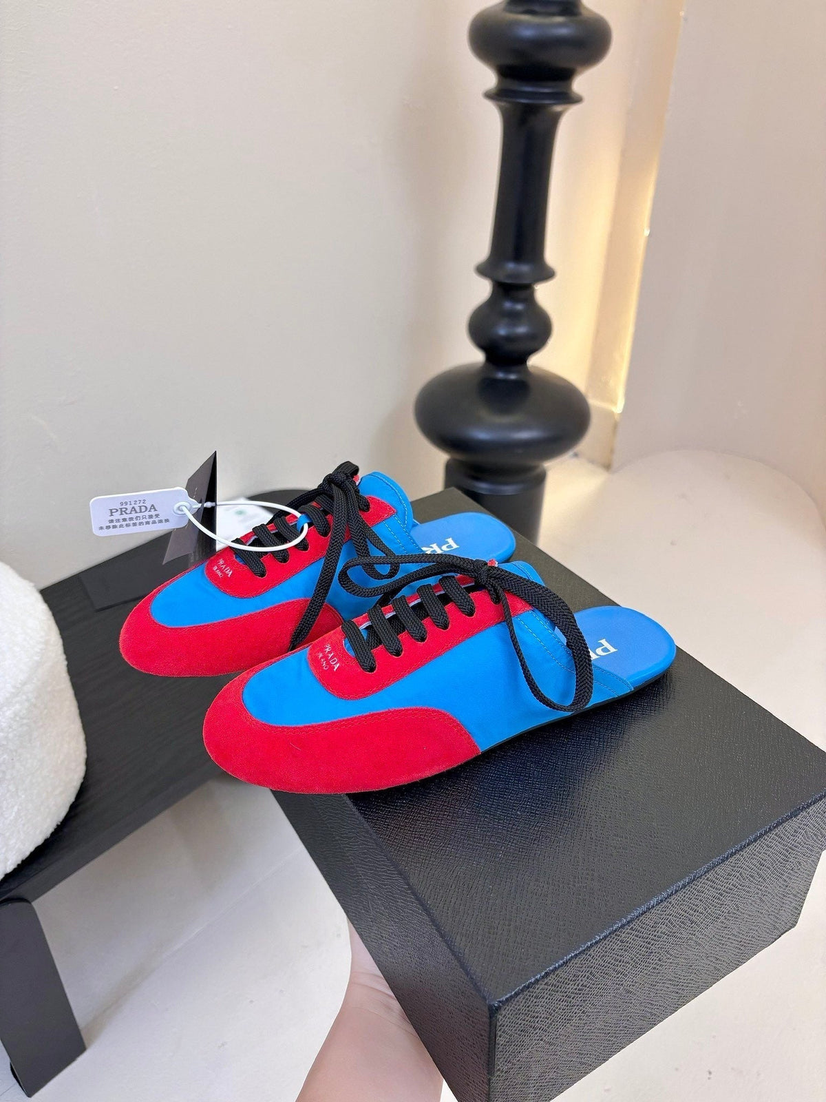 SNEAKER MULES IN BLUE NYLON AND RED SUEDE